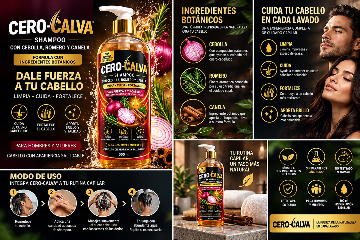 Shampoo Fortalecedor CERO-CALVA® con Cebolla, Romero y Canela – 500 ml