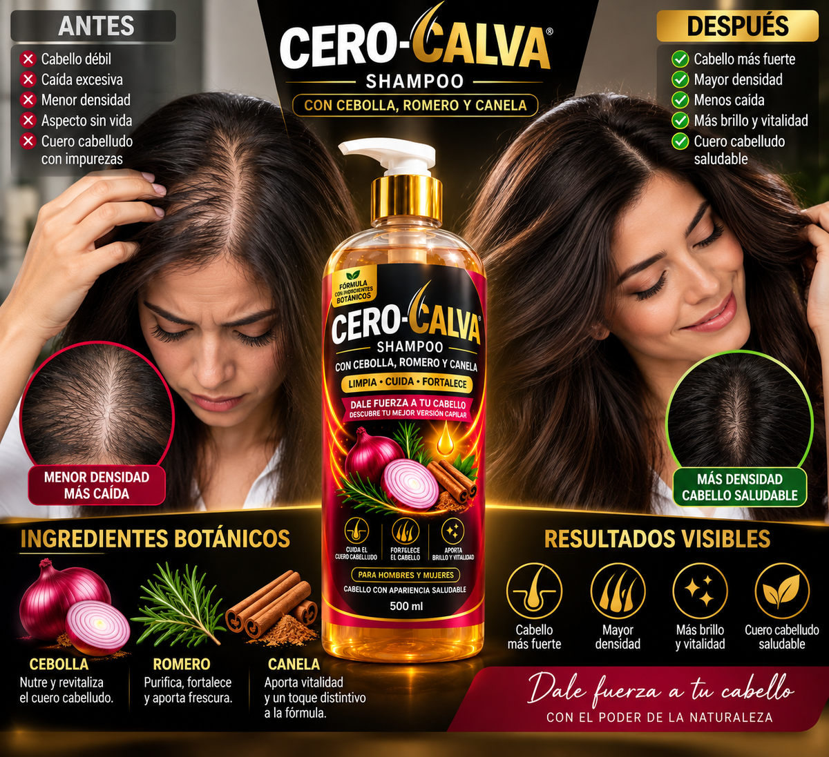 Shampoo Fortalecedor CERO-CALVA® con Cebolla, Romero y Canela – 500 ml