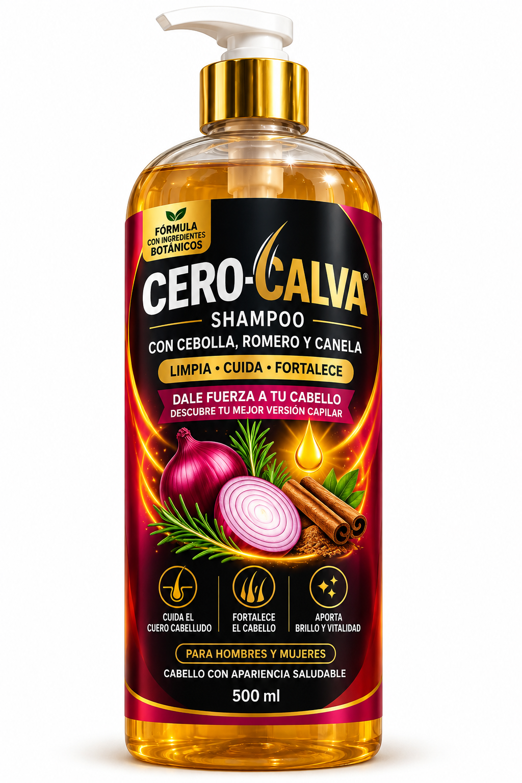 Shampoo Fortalecedor CERO-CALVA® con Cebolla, Romero y Canela – 500 ml