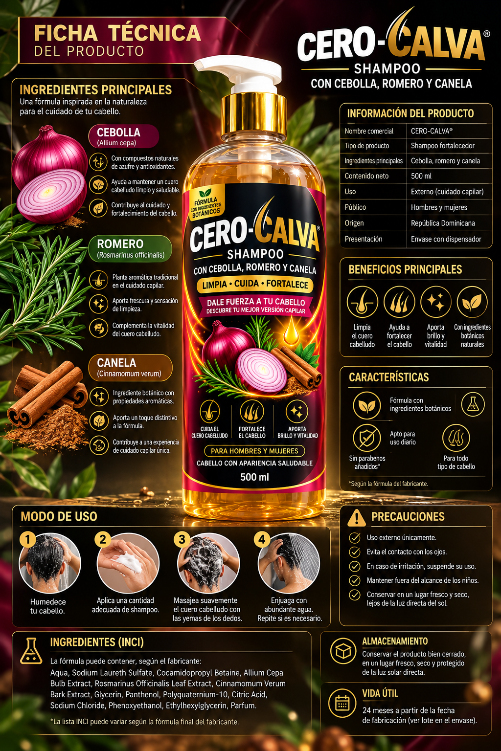 Shampoo Fortalecedor CERO-CALVA® con Cebolla, Romero y Canela – 500 ml